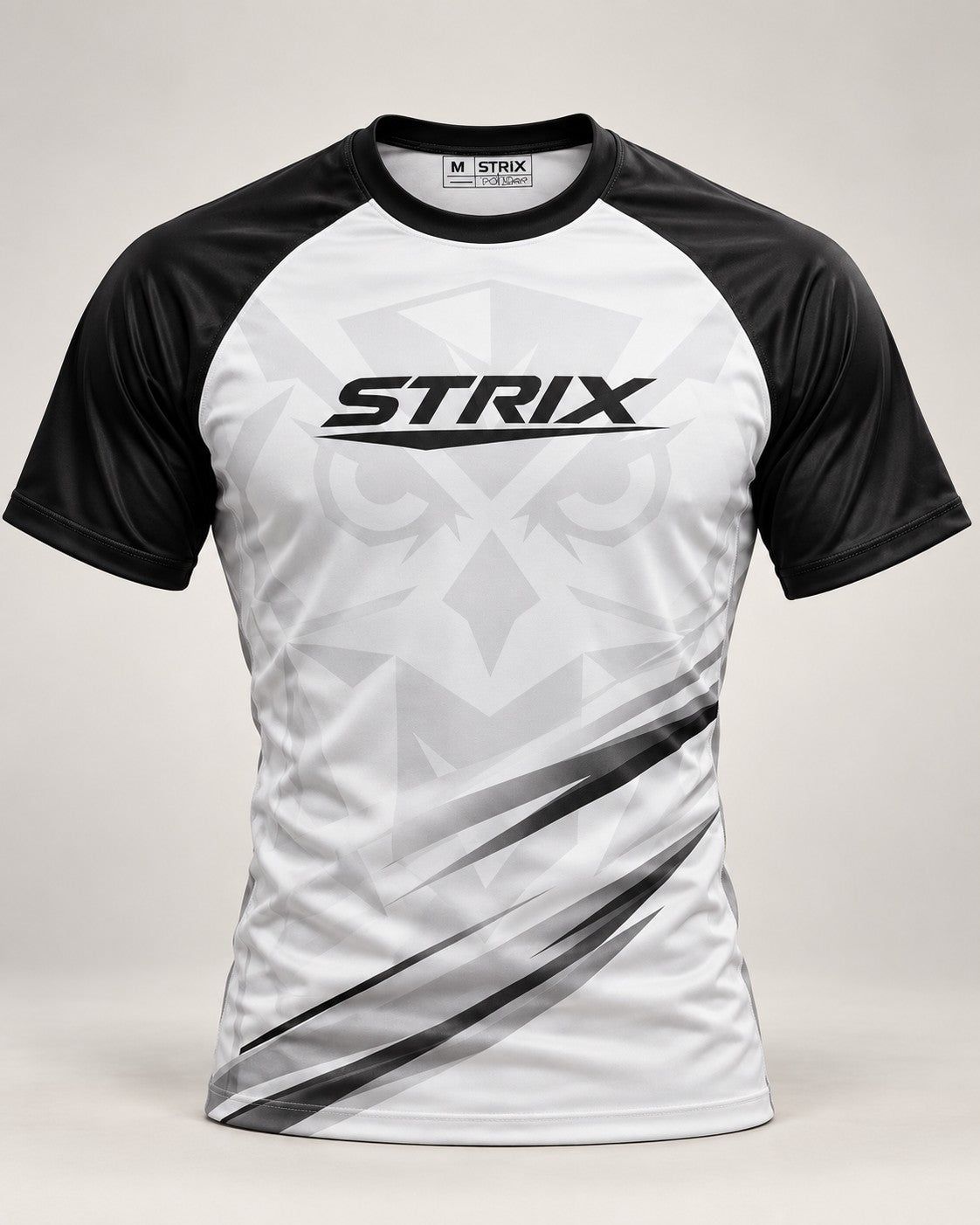 STRIX white short sleeve rash guard, front view, for size guide